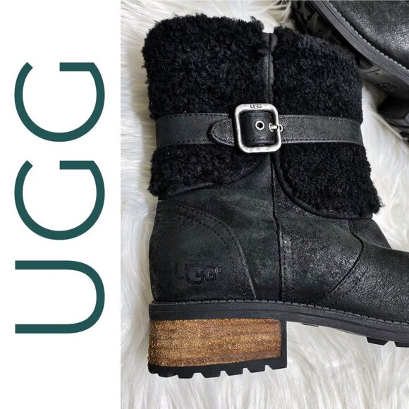 NWOB UGG BLAYRE II BLACK LEATHER SHORT BOOT SHEARLING GRUNGE GOTH PREPPY WOMEN 8 - Picture 2 of 13